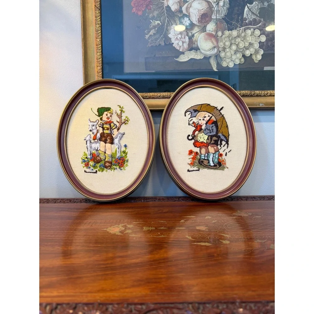 Vintage Hummel Embroidered Wall‎ Art Pair – Framed Oval Needlework (13x10)